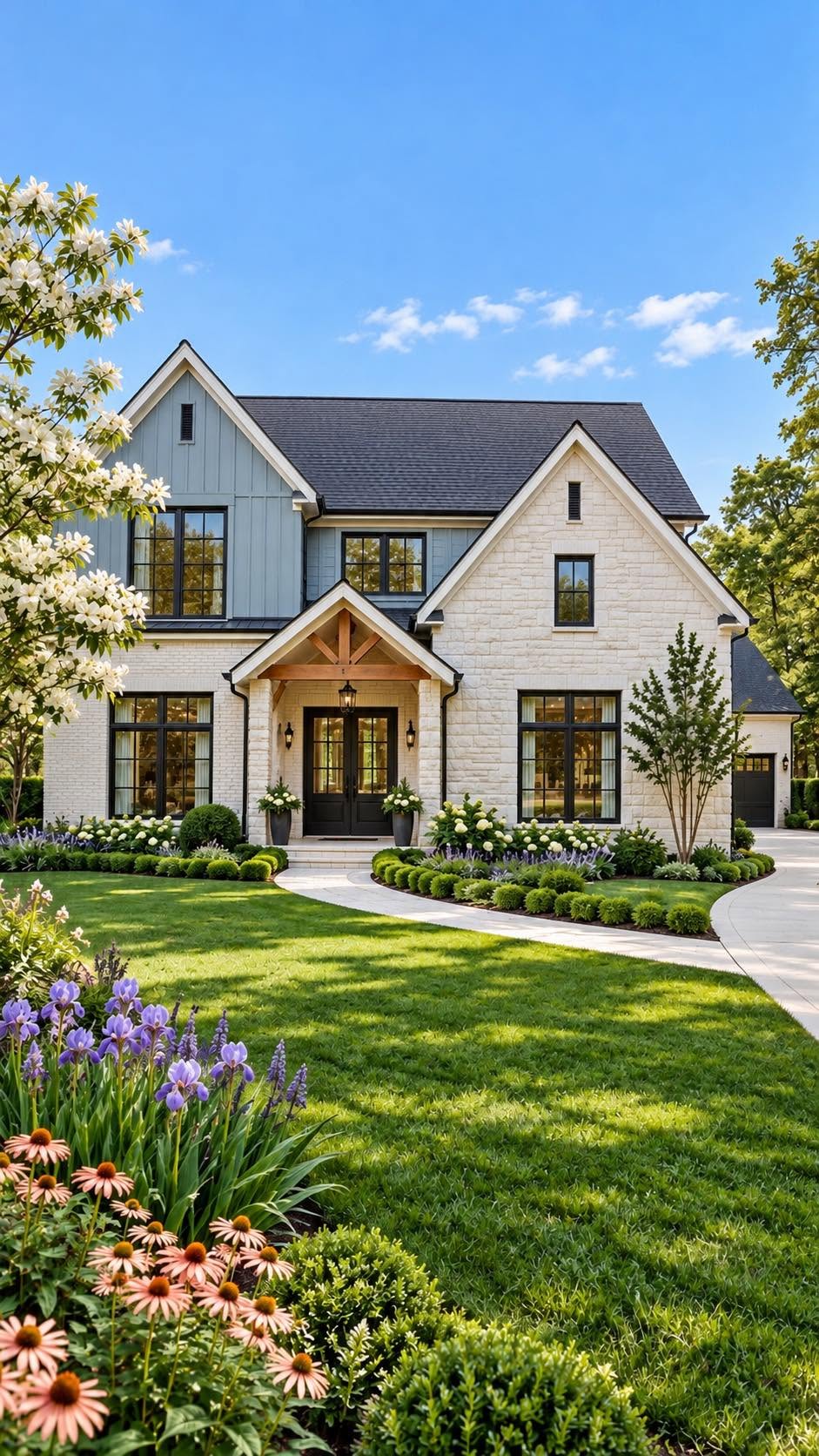 Blue-gray exterior with stone