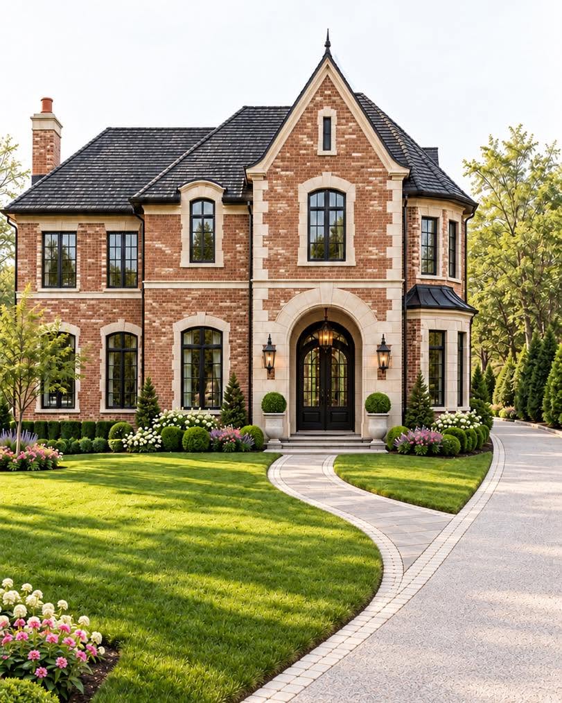 Brick and limestone traditional home