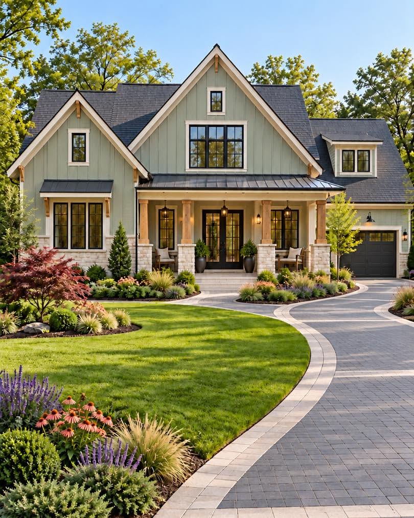Green farmhouse exterior
