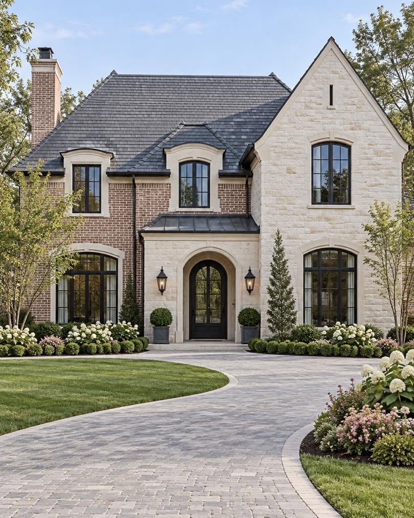 Mixed brick and stone exterior