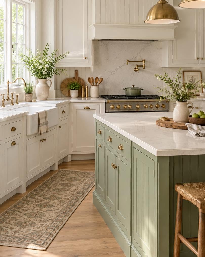 Warm sage and white kitchen