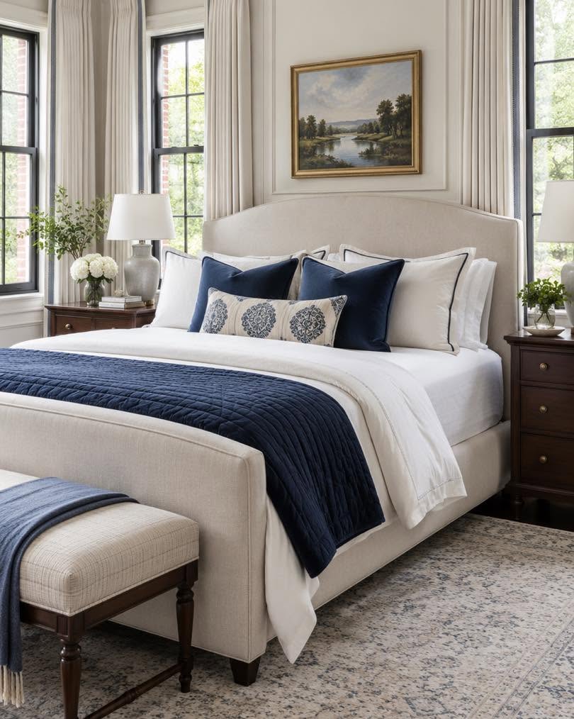 Calm blue and cream bedroom