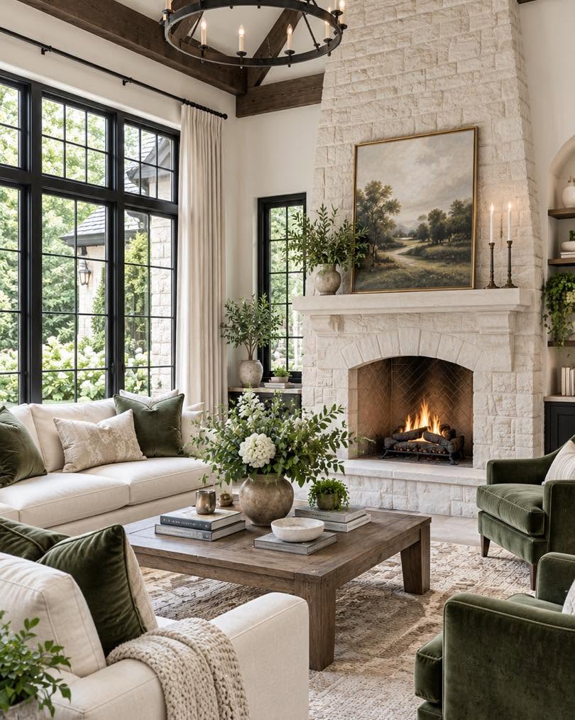Cozy living room with stone fireplace